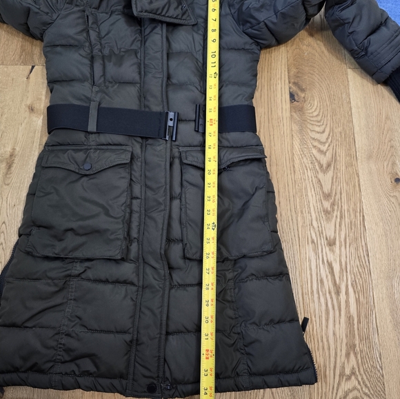 French Connection Olive Belted Puffer Coat with Faux Fur Hood Extra Small - Picture 7 of 14
